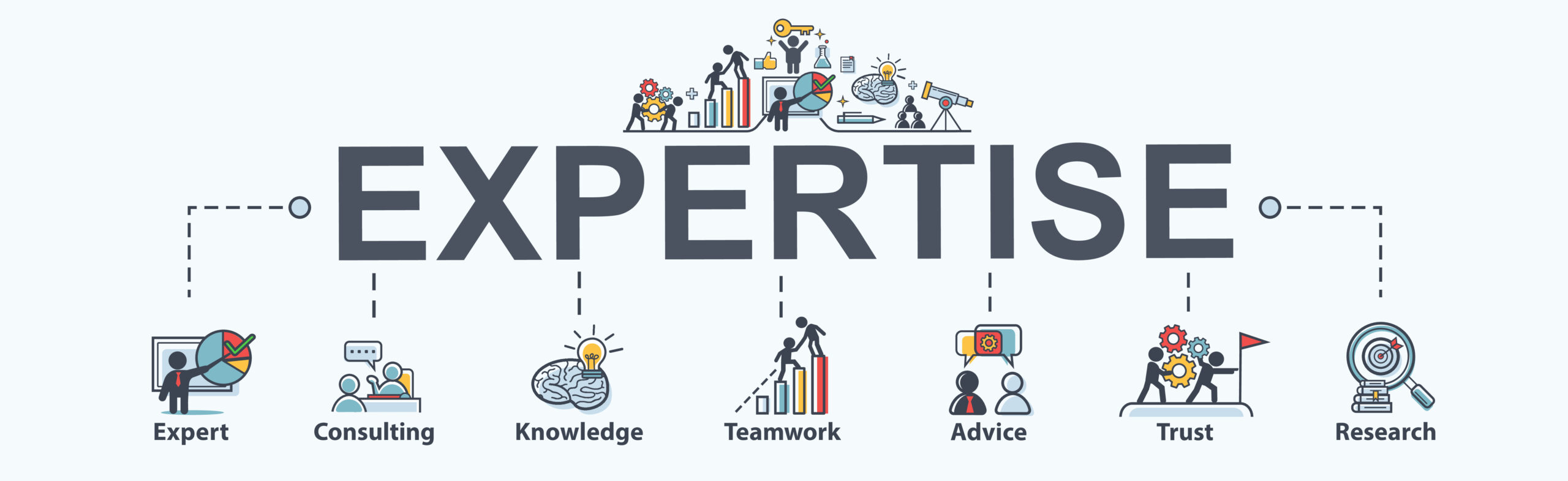 Expertise banner web icon for business, expert, consulting, knowledge, teamwork, advice, trust and research. Minimal vector infographic.